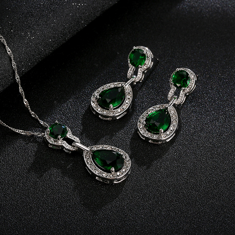 Bridal Wedding Jewelry Sets For Women Green Crystal Silver Color Tear Drop Indian Jewelry Necklace Set ► Photo 1/6