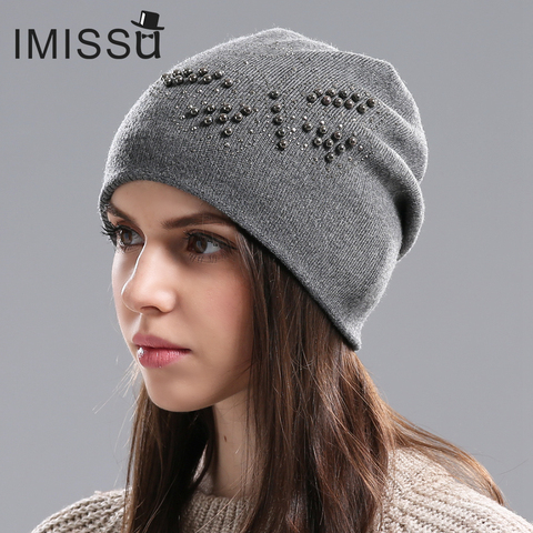 IMISSU Women's Winter Hats Knitted Wool Skullies Casual Hat with Bead Butterfly Solid Colors Ski Gorros Cap Casquette for Women ► Photo 1/5