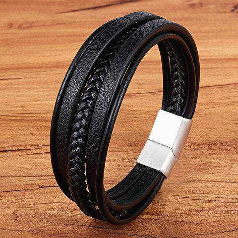 Stainless Steel Top Quality Jewelry Male Black/Brwon Leather Bracelet Men Braided Multilayer Fashion Punk Wholesale ► Photo 1/6
