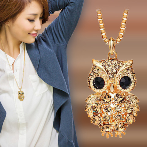 Charming Fashion Owl Pendant Long Sweater Chain Necklaces Vintage Statement Animal Crystal Rhinestone Pendant Necklace for Lady ► Photo 1/6