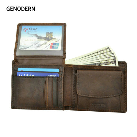 GENODERN Cow Leather Men Wallets with Coin Pocket Vintage Male Purse Function Brown Genuine Leather Men Wallet with Card Holders ► Photo 1/6