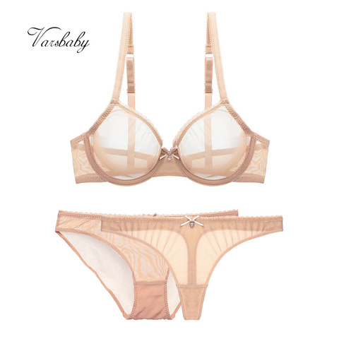 Varsbaby ultra-thin cup mesh lace underwear transparent unlined 1 bra+2 panties bra set for ladies ► Photo 1/6