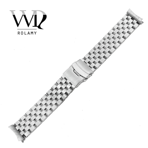 Rolamy 22mm Silver Hollow Curved End Solid Links Replacement Watch Band Strap Bracelet Double Push Clasp For Seiko ► Photo 1/6