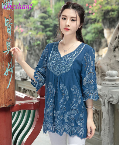 2022 Casual Summer Women Blouses Vintage Embroidery Blouse Loose Floral Boho Tops Womens Clothing Plus Size Femme Blusa ► Photo 1/1