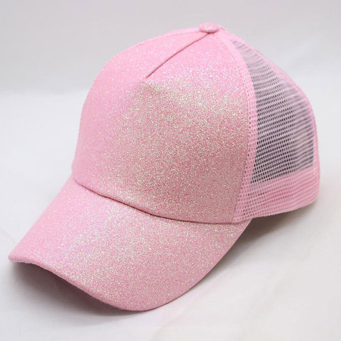 Women's Hat Glitter High Ponytail Hole Cap 5 Panel Mesh Trucker Baseball Cap Gold Silver White Black Pink Brown Blue ► Photo 1/1