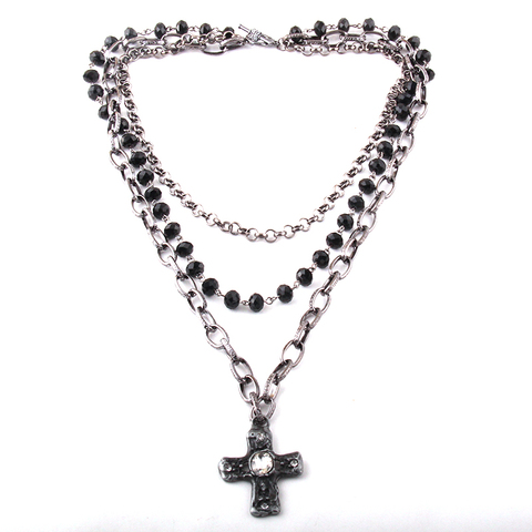 Fashion Bohemian Tribal Jewelry 3 Layer Multiple Black Glass Crystal Rosary Link & Chain Cross Pendant Necklaces ► Photo 1/6