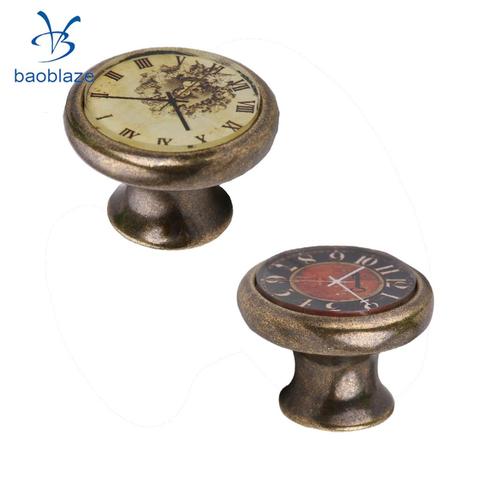 2 Pieces Vintage Brass Cabinet Drawer Round Pulls Wardrobe Cabinet Door Cupboard Knob Handle Clock Plate Pattern #1 ► Photo 1/6