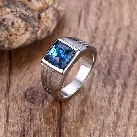 Mens Rings Stainless Steel Blue Cubic Zirconia Cut Ring Fashion Jewelry Wedding Band anel masculino bague ► Photo 1/6