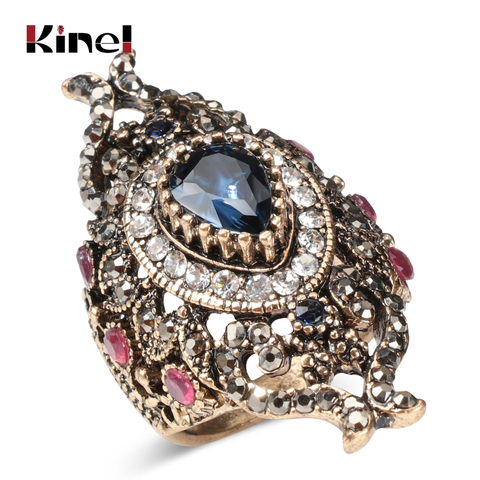 Kinel Luxury Turkish Rings For Lady Women Vintage Style Jewelry Full Rhinestone Big Wide Blue Crystal Flower Ring 2017 New Gift ► Photo 1/6