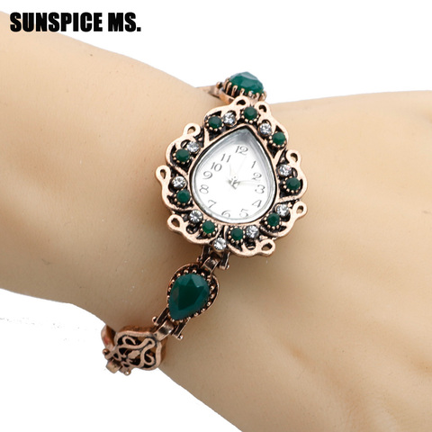 Vintage Turkish Green Resin Charm Bracelets Watch For Women Spring Flower Jewelry Quartz Watch Antique Bronze Color 2022 New ► Photo 1/5