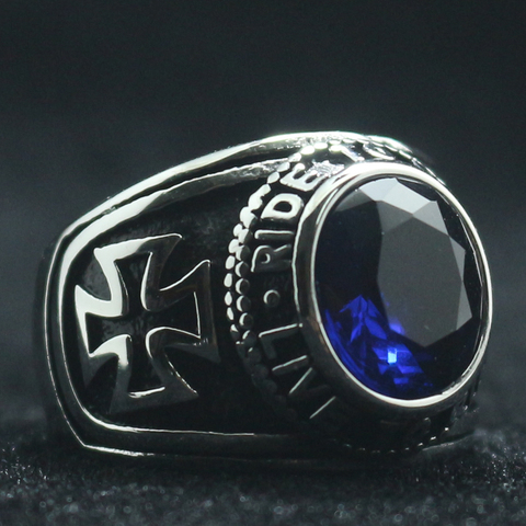 Unisex 316L Stainless Steel Cool Ride To Live, Live To Live Cross Blue Stone Rider Ring ► Photo 1/4
