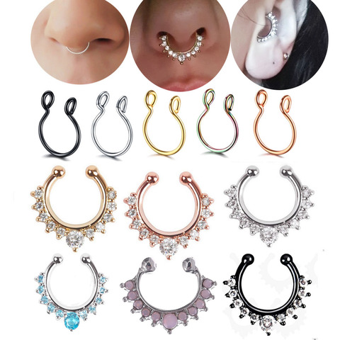 1Pc 10mm Zircon Fake Septum Piercing Nose Ring Hoop nose For Girl Men Faux Body Clip Rings non Body Jewelry Non-Pierced ► Photo 1/5