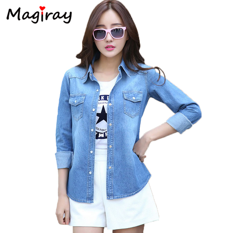 2022 Solid Women Shirt Blue Cotton Blusas Female Tops Korean Casual Long Sleeve Women's Denim Shirt Camisa Jeans Feminina C323 ► Photo 1/6