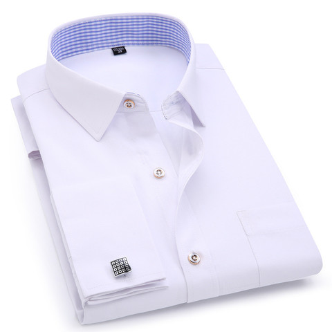 Men's Dress Shirts French Cuff Blue White Long Sleeved Business Casual Shirt Slim Fit Solid Color French Cufflinks Shirt ► Photo 1/6