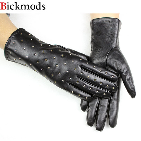 new women's sheepskin leather gloves set drill style sling velvet lining autumn and winter warm female finger gloves ► Photo 1/6