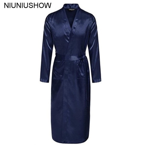 Navy Blue Chinese Men Silk Rayon Robe Summer Casual Sleepwear V-Neck Kimono Yukata Bath Gown Size S M L XL XXL ► Photo 1/5