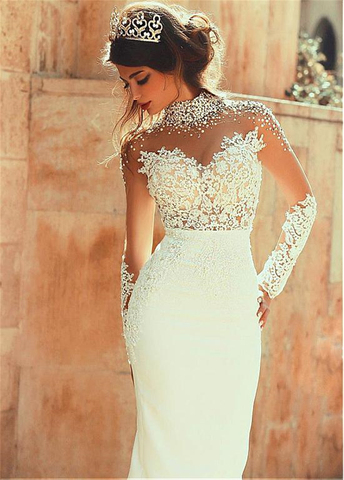 2022 Exquisite Sheer Back Sheath High-neck With Pearls Long Sleeves See Through Floor Length Wedding Dresses Sexy Backless ► Photo 1/6
