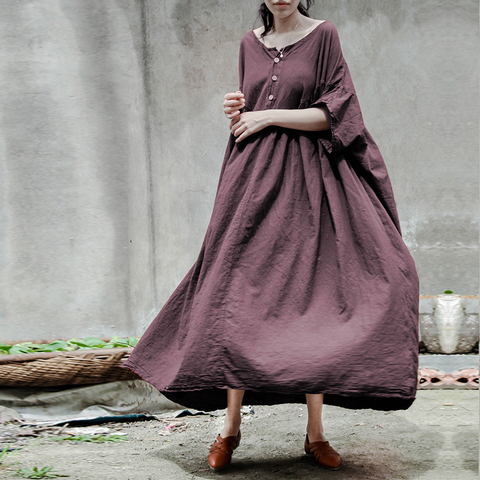 Johnature Women Summer Dresses Cotton Linen 2022 New Casual Robes Button Short Sleeve Loose Plus Size Women Vintage Dress ► Photo 1/1