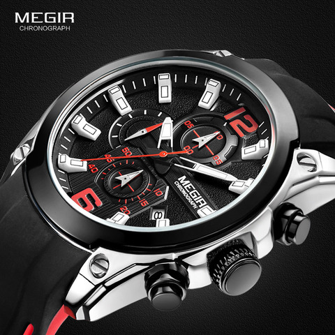 Megir Men's Chronograph Analogue Quartz Watches Fashion Rubber Strap Sport Wristwatch with Luminous Hands for Boys 2063GS-BK-1 ► Photo 1/6