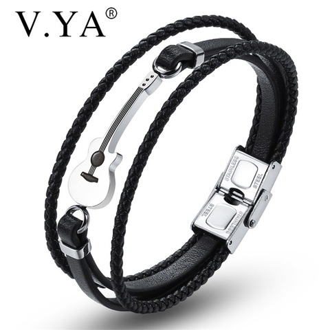 V.YA New Style Multilayer Leather Guitar Engraved Black Bracelets Simple Rope Chain Stainless Steel  Magnet Brown Bangle ► Photo 1/6