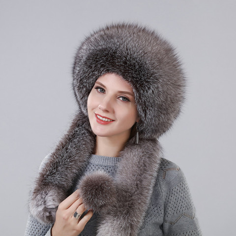 Women's Winter Hat With Real Natural Fox Fur Surround Extra length Can Be Used As A Scarf With Hanging Chain In The Back Caps ► Photo 1/6