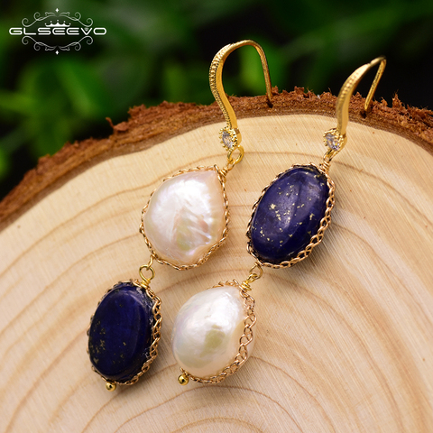 GLSEEVO Natural Fresh Water Baroque Pearl Lapis Lazuli Dangle Drop Earrings For Women Girls Temperament Luxury Jewelry GE0406 ► Photo 1/4