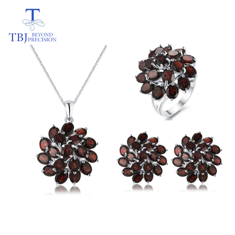 TBJ,natural mozambique garnet gemstone jewelry set 925 sterling silver nice flower design pendant earring and ring for women ► Photo 1/6