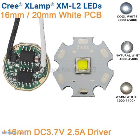 Cree XML2 XM-L2 T6 Cool White Warm White Neutral White 10W LED Emitter 20mm Black or White PCB with DC3.7V 2.5A 5 Mode Driver ► Photo 1/6