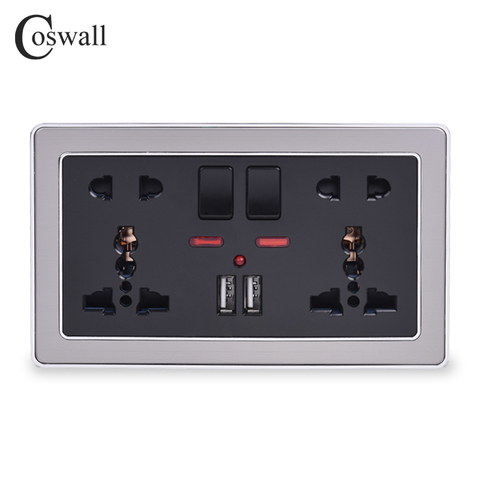 Coswall Double Universal 5 Hole Switched Wall Socket With Neon 2.1A Dual USB Charger Port Stainless Steel Frame Black Outlet ► Photo 1/3