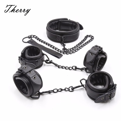 Thierry soft Genuine Leather Bondage Restraints handcuffs collar wrist ankle cuffs for Fetish erotic adult games couple Sex toys ► Photo 1/6