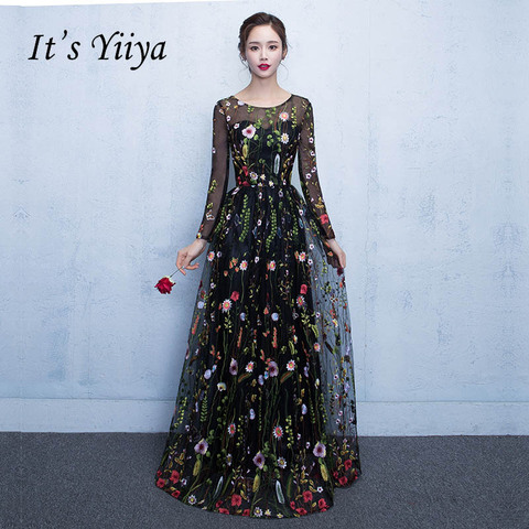It's YiiYa New Black Floral Long Sleeves Illusion Appliques Elegant Zipper Party Formal Dress Floor Length Evening Dresses LX102 ► Photo 1/6