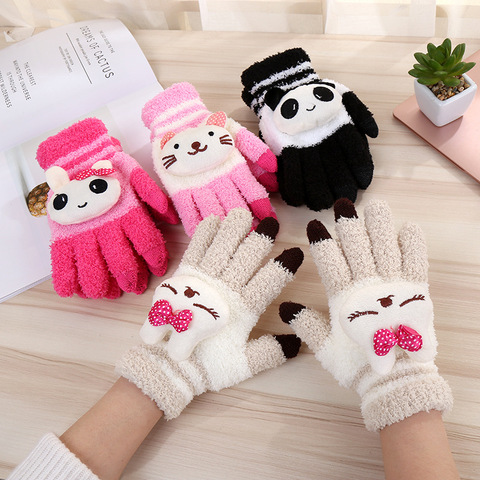 Female Winter Warm Cute Cartoon Panda Cat Rabbit Knit Gloves Girl Women Fashion  Coral Fleece Full Finger Mittens Gloves A68 ► Photo 1/5
