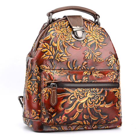 Colorful Natural 100% Genuine Leather Flower Women Backpack Cowhide Shoulder Bag 