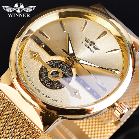 Winner Golden Male Watches Automatic Business Wrist Watch Skeleton Analog Mesh Steel Band Self-Wind Mechanical Reloj Hombre Saat ► Photo 1/6