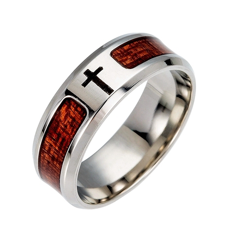 Wooden Christian Jesus Titanium Steel Man's Ring 8mm Wide Engraved Jesus ► Photo 1/6