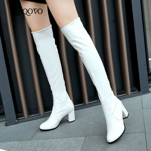2022 Fashion Knee High Boots Women's Winter Boots Thick High Heel Long Boots Round Slip On Spring Autumn Shoes Woman Black White ► Photo 1/6