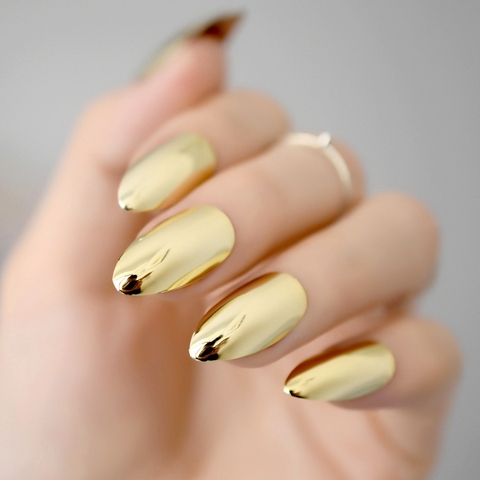 Metallic Mirror Bright Gold False Stilettos Nail Yellow Golden Metal Oval Stiletto Sharp Fake Nails Manicure Full Nails Art Tips ► Photo 1/6