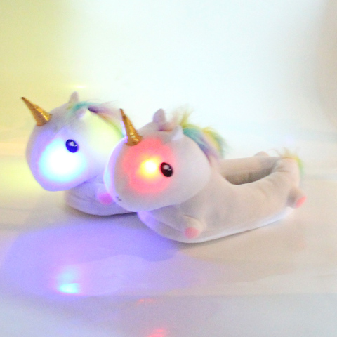 New Unicorn Plush Slippers Cartoon Chausson Licorne Plush Flip Flops White Shoes With LED Light Kids Winter Warm Home Slippers ► Photo 1/1