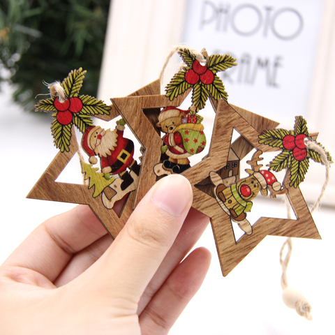 4PCS Star Printed Wooden Pendants Ornaments Xmas Tree Ornament DIY Wood Crafts Kids Gift for Home Christmas Party Decorations ► Photo 1/6