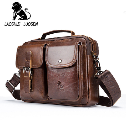 LAOSHIZI LUOSEN men Genuine Leather Shoulder Messenger Bag men's Handbag Vintage Crossbody Bag Tote Business Man Messenger Bag ► Photo 1/6