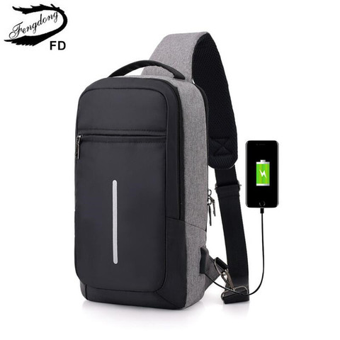 Fengdong male sling travel chest bag reflective strip backbag unisex one shoulder usb bag waterproof small messenger bag bagpack ► Photo 1/6