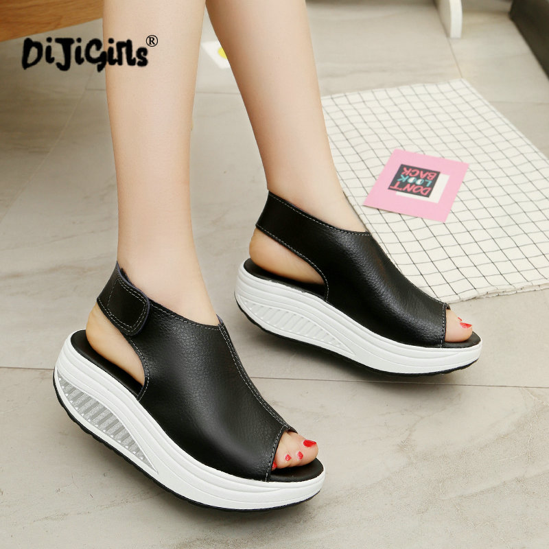Fashion Women Thick Bottom Leather Casual Sandals Swing Peep-Toe Slingback Shoes
