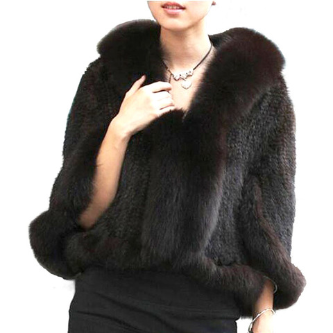 Autumn Winter Ladies' Genuine Knitted Mink Fur Shawls Fox Fur Collar Women Fur Pashmina Wraps Bridal Cape Coat Jacket ► Photo 1/1