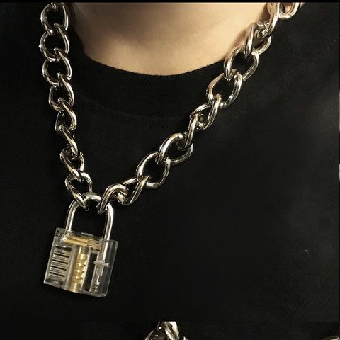 Men Women Unisex Metal Chain Choker Necklace Mechanical Steampunk Transparent Clear Square Lock and Key Choker Collar ► Photo 1/6