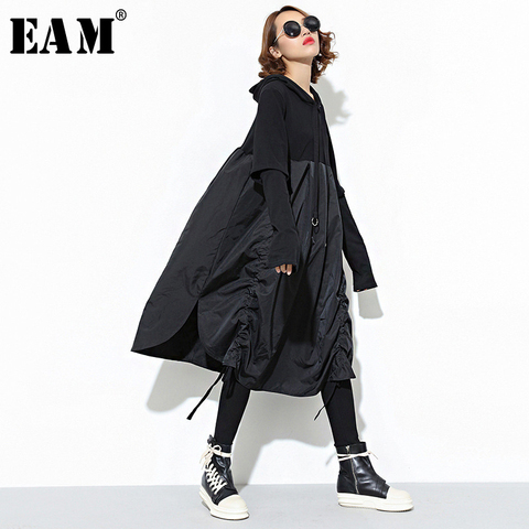 [EAM] 2022 New Spring  Hooded Long Sleeve Drawstring Black Fold Split Joint Loose Long Dress Women Fashion Tide JD07601 ► Photo 1/5
