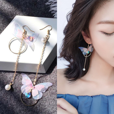 Korean Retro Asymmetric Butterfly Imitation Pearl Earrings Fashion Round Flower Brincos Long Statement Wings Earrings Jewelry ► Photo 1/6
