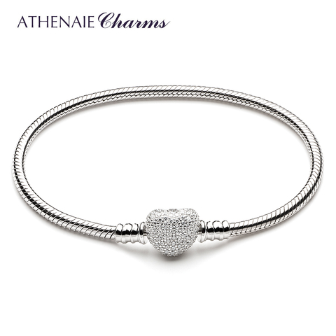 ATHENAIE 925 Sterling Silver Snake Chain With Pave Clear CZ Heart Clasp Bracelet Fit All European Charm Beads Valentine' Jewelry ► Photo 1/6