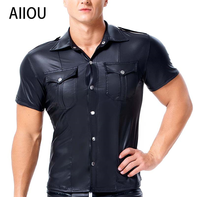 Mens Patent Leather Short Sleeves Formal Shirt Costume Clubwear Top Undershirt