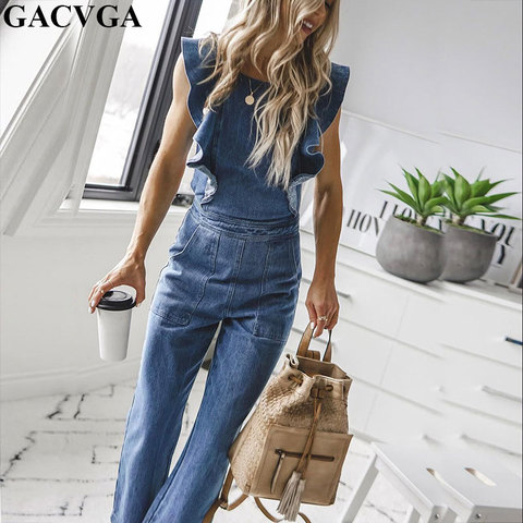 GACVGA Butterfly Bell Wide Leg Bodycon Denim Jumpsuit Casual Rompers Back Lace Up Fashion Trends Jumpsuits Overalls ► Photo 1/6