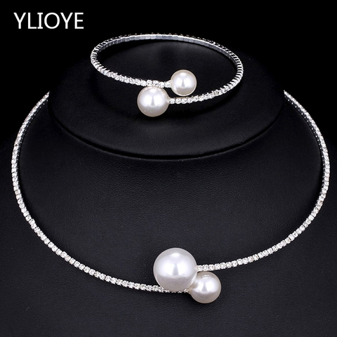 YLIOYE Fashion Simple Simulated Pearl Bridal Sets Crystal Wedding Jewelry Necklace Bangle Set for Women Wedding Party Jewelry ► Photo 1/6